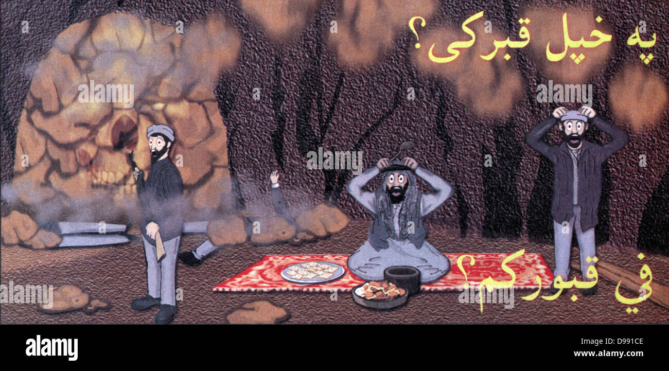 Afghanistan: Reverse of anti-Taliban leaflet showing four men in a cave, two killed by a missile and the three remaining frightened out of their wits. Stock Photo