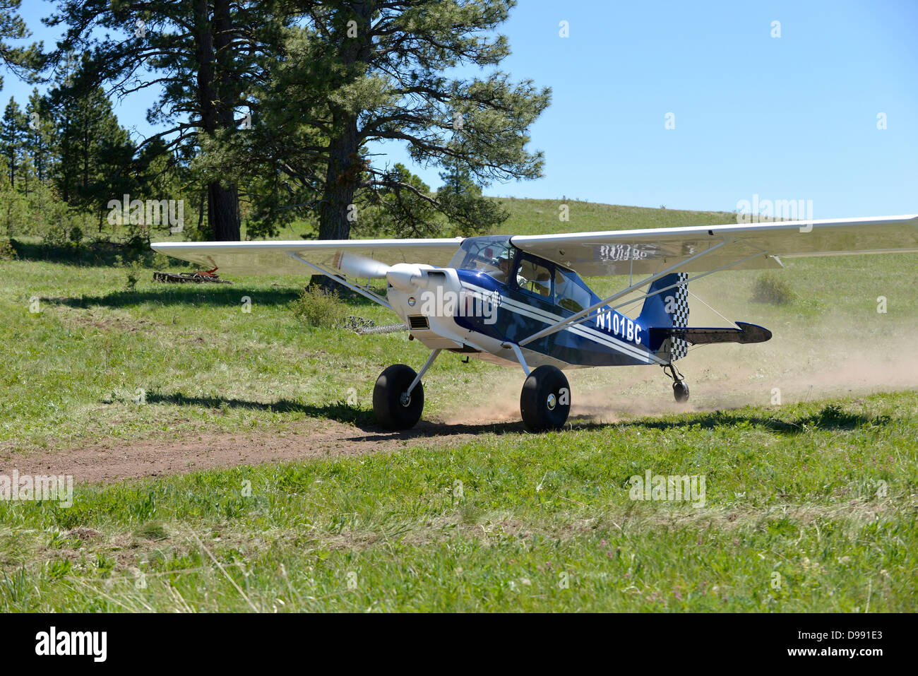 Small plane taking off from a dirt airstrip in Hells Canyon National Recreation Area, Oregon. Stock Photo