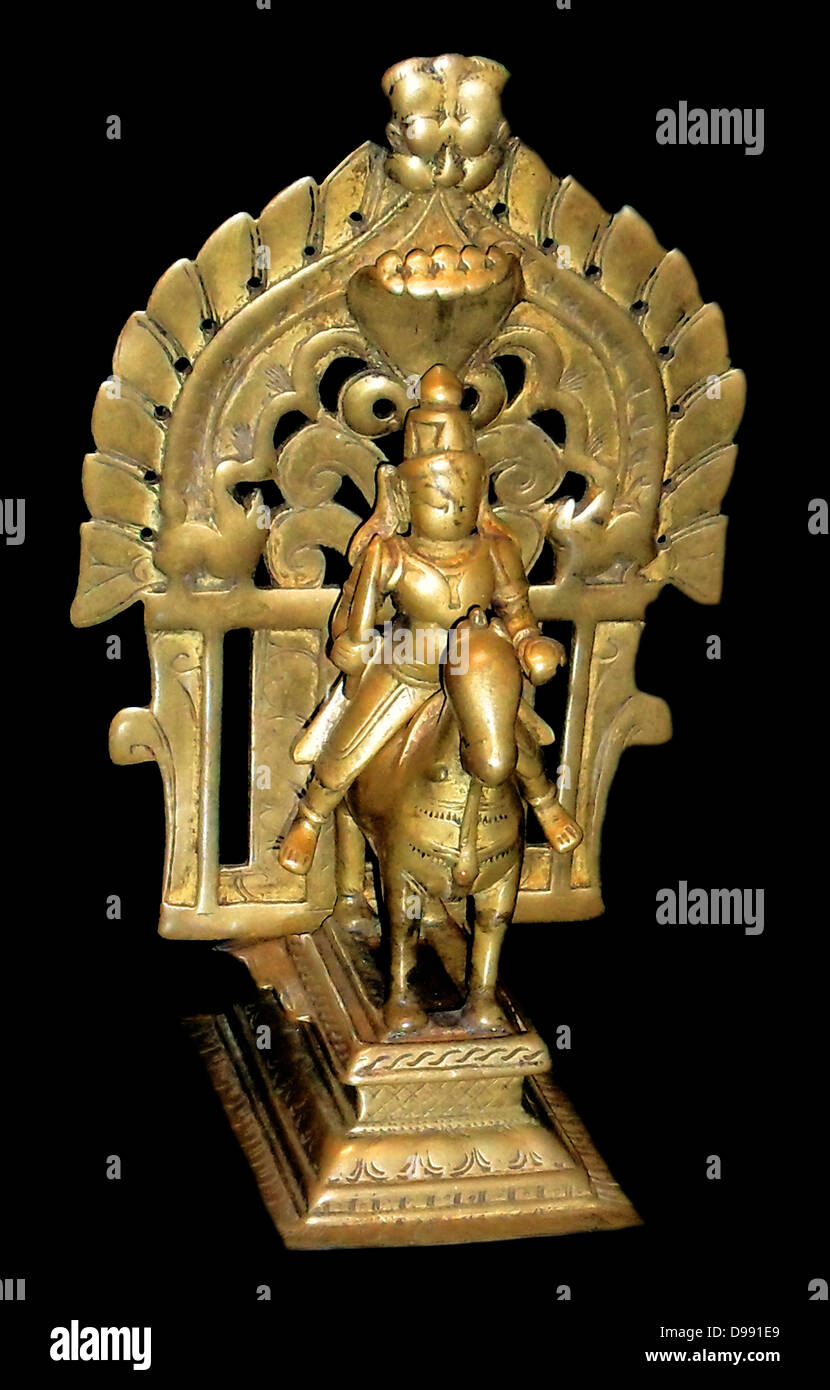Brass statuette of a mounted Vishnu. Circa late 19th Century Indian. Stock Photo