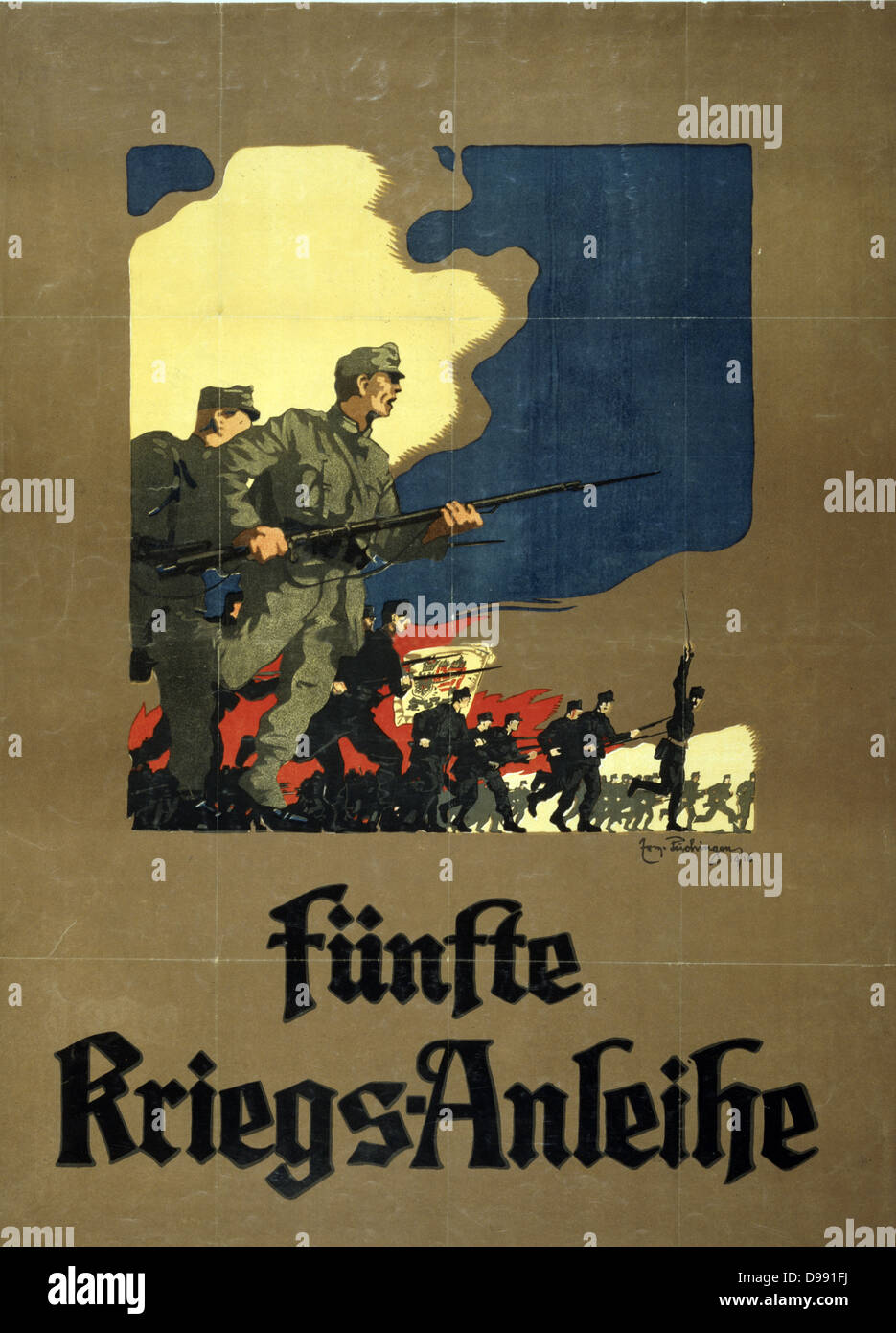 World War I 1914-1918: Fünfte Kriegs-Anleihe, 1916. Austrian poster for the issue of the Fifth War Loan to fund hostilities. Soldiers with rifles and fixed bayonets, charging. Government Finance Stock Photo