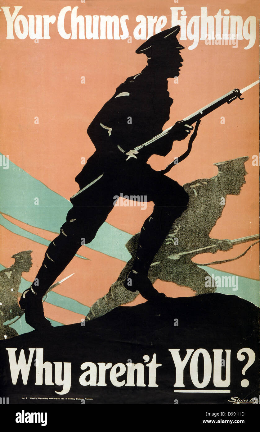 World War I 1914-1918: British Army recruitment poster, 1917. 'Your Chums are Fighting. Why aren't You?' Silhouette of soldiers, bayonets drawn, advancing into battle. Stock Photo