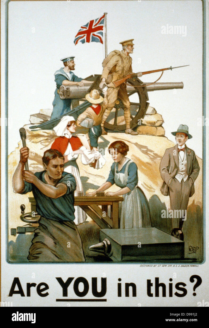 British, World War I Poster, 1917, designed by Robert Baden-Powell, encouraging everyone to contribute to the war effort. 'Are you in this?' Factory worker, female munitions worker, Nurse, Boy Scout supporting the Army and Navy. Stock Photo