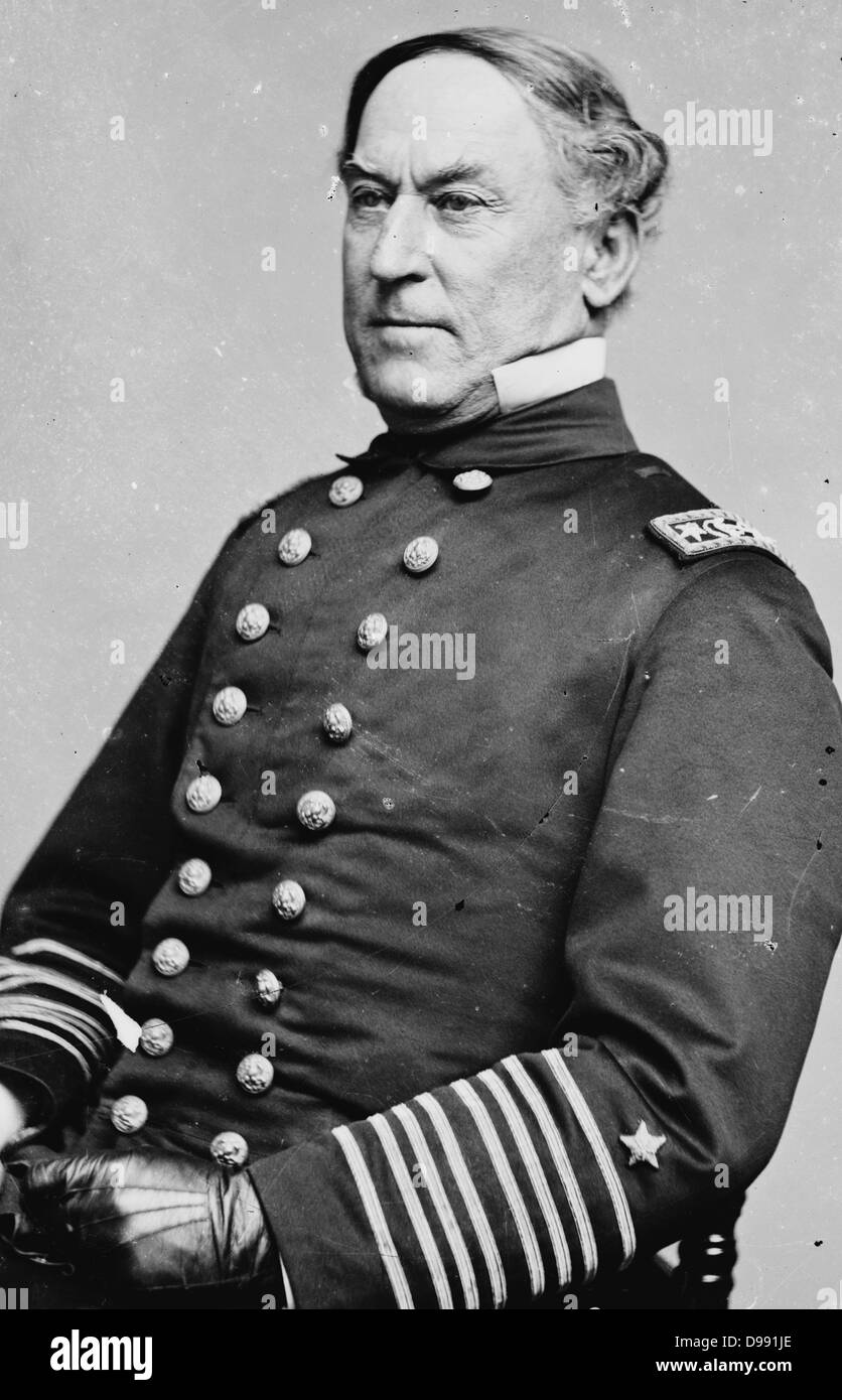 David Glasgow Farragut (1801–1870) officer of the United States Navy during the American Civil War 1861-1865. First rear admiral, vice admiral, and full admiral of the Navy. Three-quarter length portrait, seated. Stock Photo