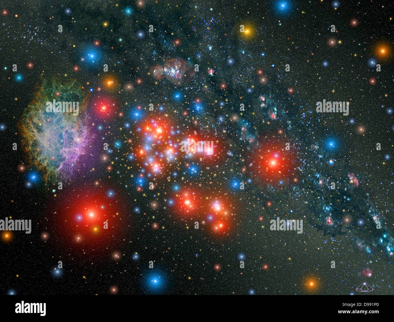 Artist's impression of massive star cluster within our Milky Way Galaxy ablaze with glow of 14 rare red supergiant stars interspersed with young blue stars. The cluster contains perhaps 20,000 stars. Credit NASA. Science Astronomy Stock Photo