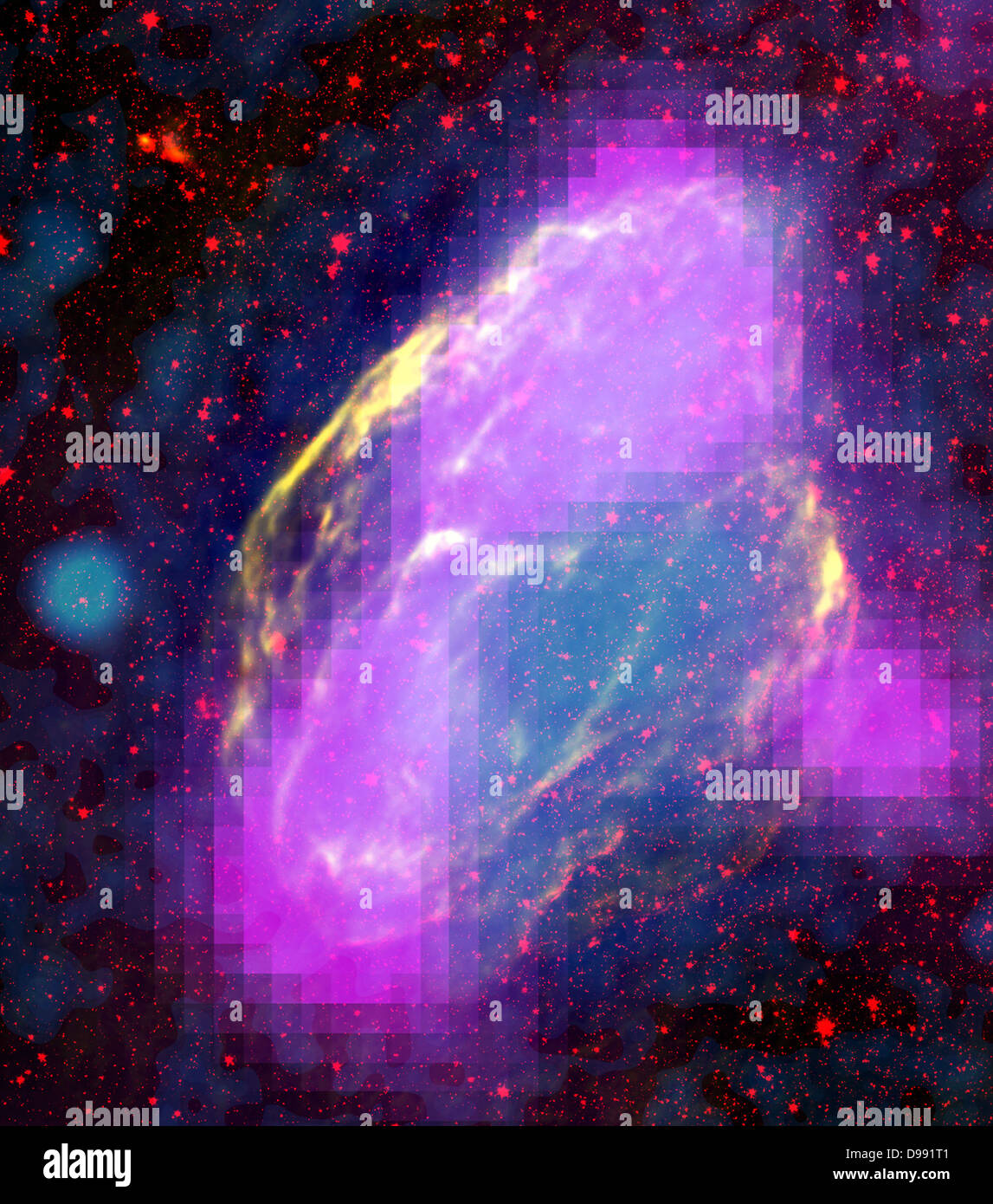 GeV-gamma-ray emission regions (magenta) in W44 supernova remnant. Features clearly align with filaments in other wavelengths. Composite, merging X-rays (blue) ROSAT mission, infrared (red) NASA. Science Astronomy Stock Photo