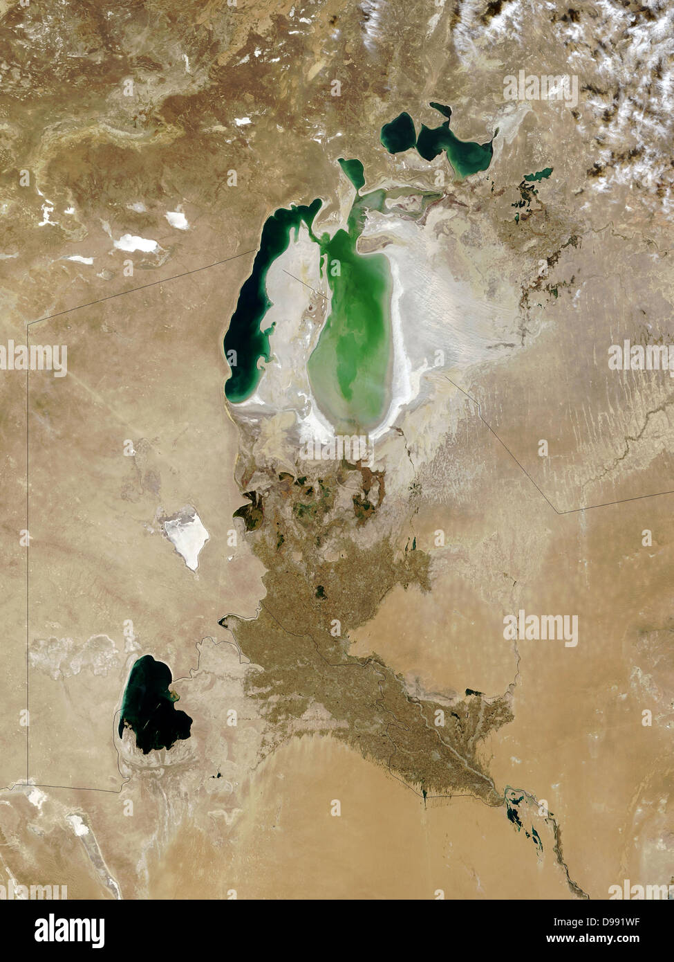 The Aral Sea, October 2008. Once fourth largest inland sea, in southern Kazakhstan and northern Uzbekistan it has divided into three bodies of water. Major cause of shrinkage due to diversion of water to agriculture. Credit NASA. Stock Photo