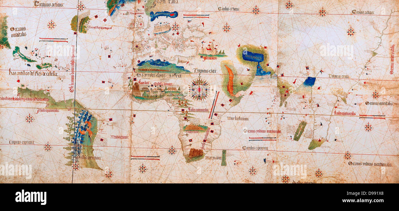 The Cantino planisphere (or Cantino World Map) is the earliest surviving map showing Portuguese Discoveries in the east and west. It is named after Alberto Cantino, an agent for the Duke of Ferrara, who successfully smuggled it from Portugal to Italy in 1502. The map is particularly notable for portraying a fragmentary record of the Brazilian coast, discovered in 1500 by the Portuguese explorer Pedro Álvares Cabral who conjectured that he had landed on a continent previously unknown to Europeans Stock Photo