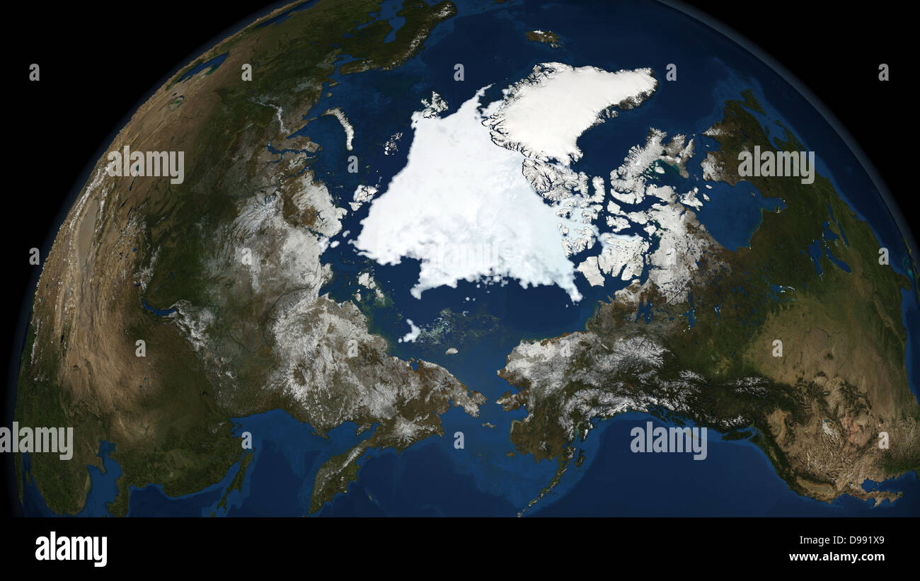 National Snow and Ice Data Centre observations of the Arctic Sea ice coverage in 2008, the second-lowest amount recorded. Credit NASA: Science Earth Geology Oceanography Stock Photo