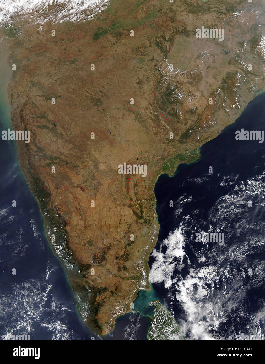 Satellite view over Indian peninsular. Sri Lanka is just visible under cloud at bottom right. Credit: NASA. Science Earth Geology Oceanography Stock Photo