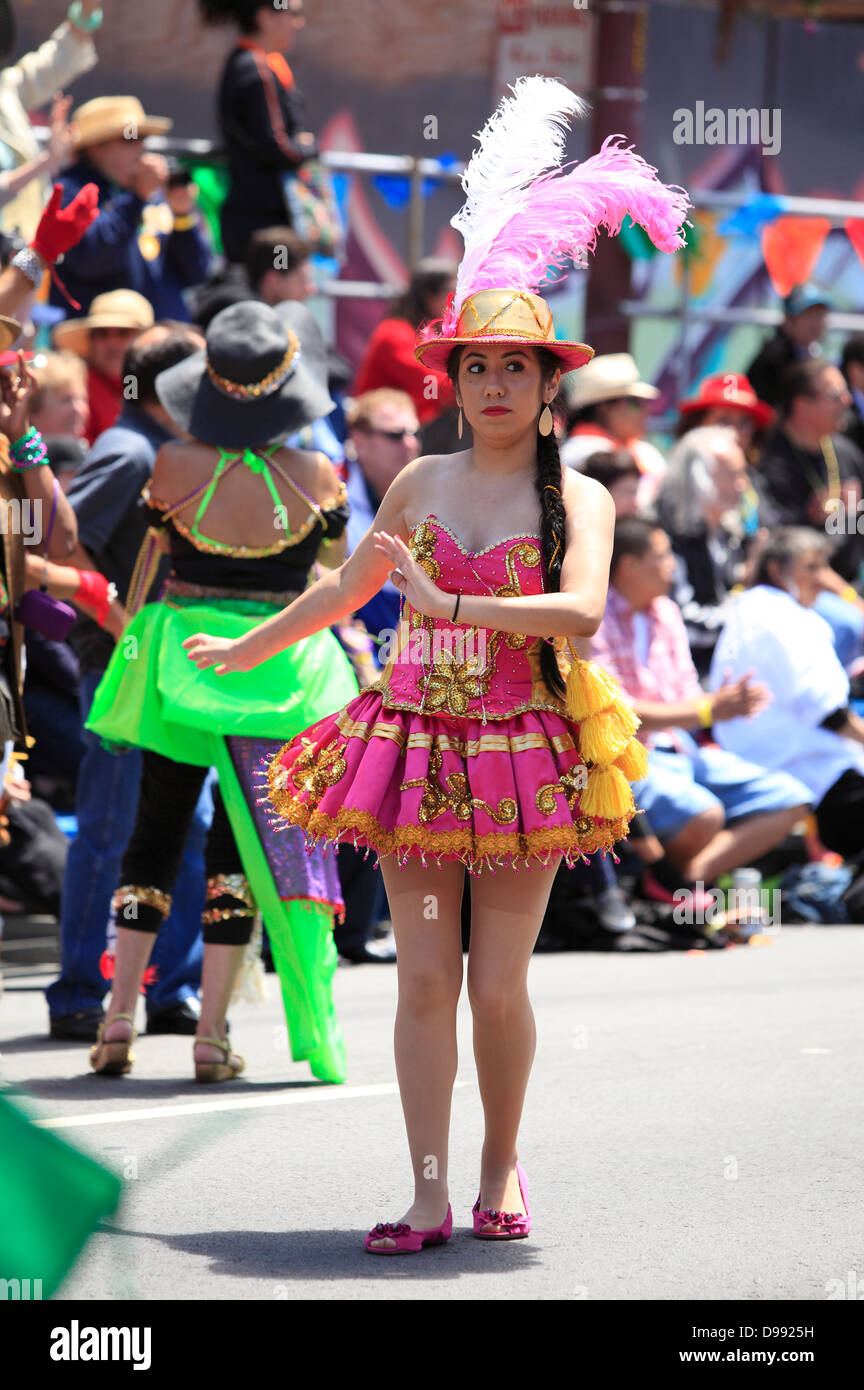 Colorful dancing during carnaval parade in Mission District, San Francisco, California, USA Stock Photo