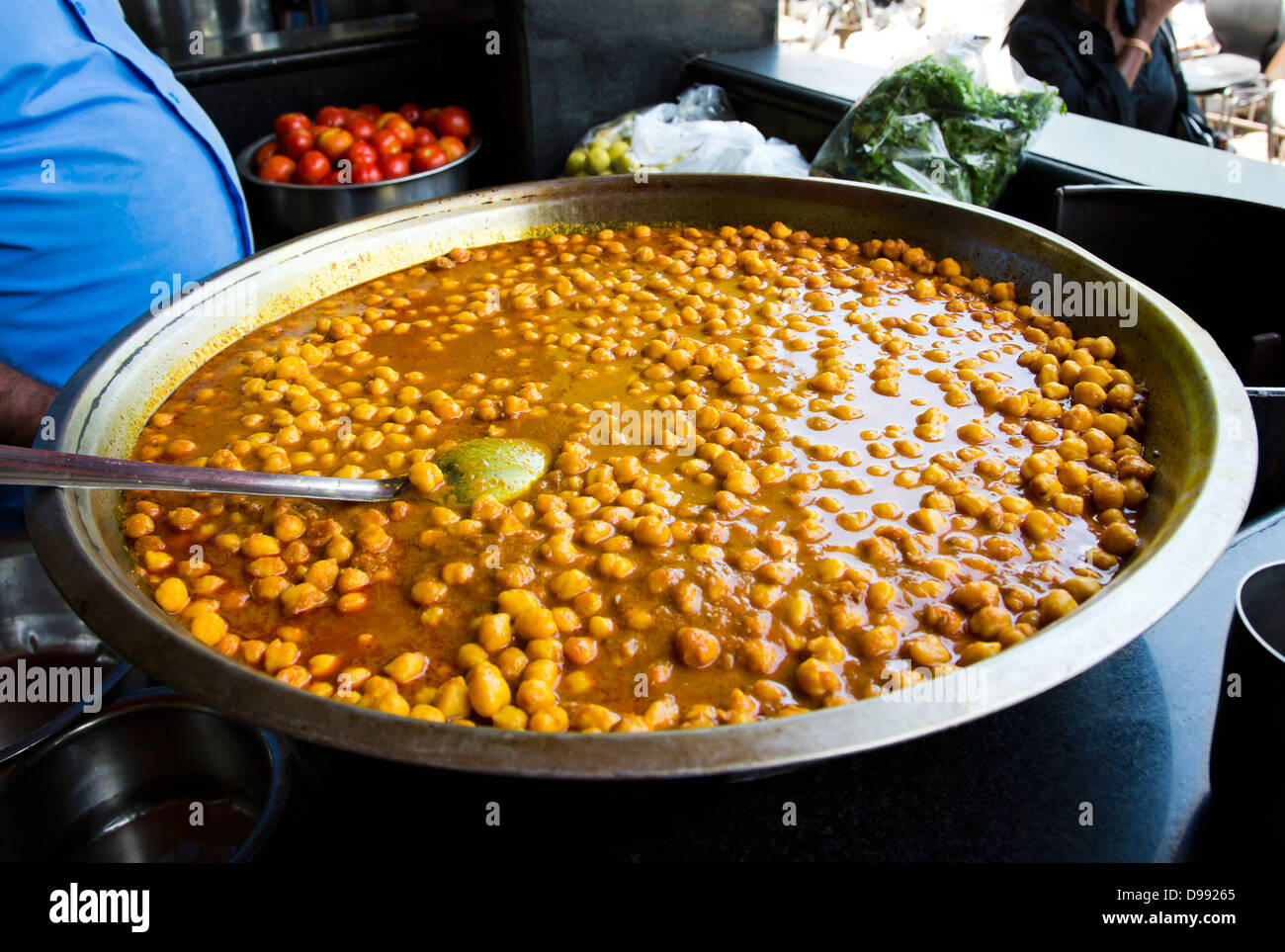 Traditional Indian food on kitchen counter of a dhaba restaurant, Chennai, Tamil Nadu, India Stock Photo