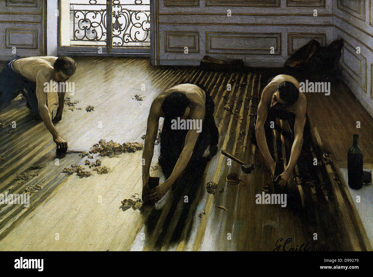 Les raboteurs' (The Floor Scrapers) 1875. Oil on canvas. Impressionism Realist School Labourer Interior Stock Photo