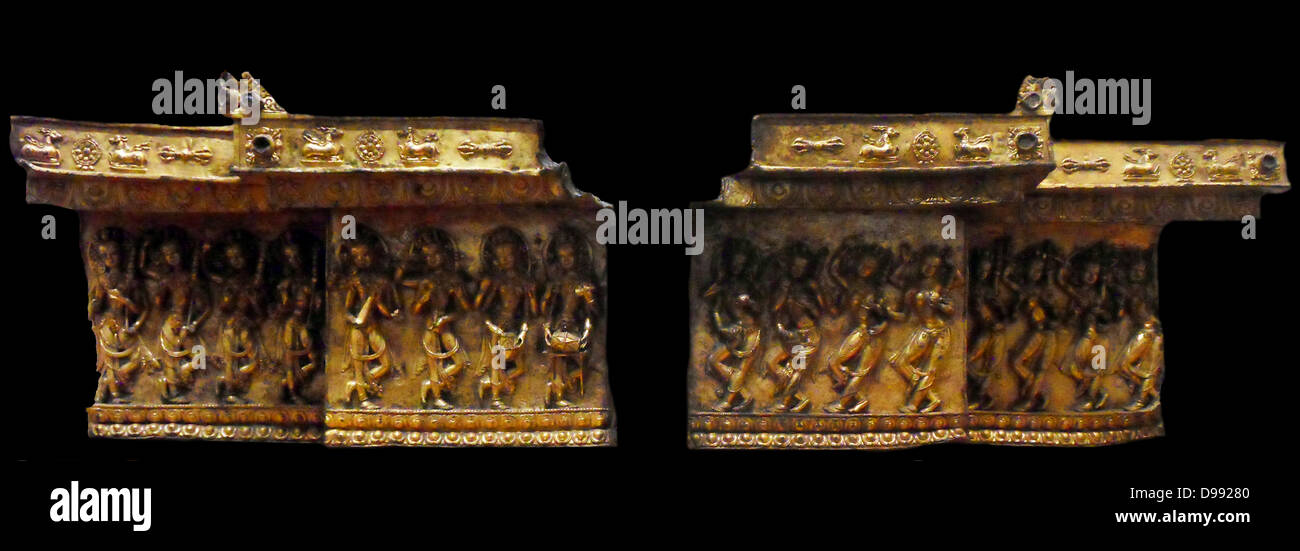 detail of a freize from the  Buddhist monastery of gDan-sa-mthil showing dead dancers. 15th century gilded copper. Tibet (origine) Stock Photo