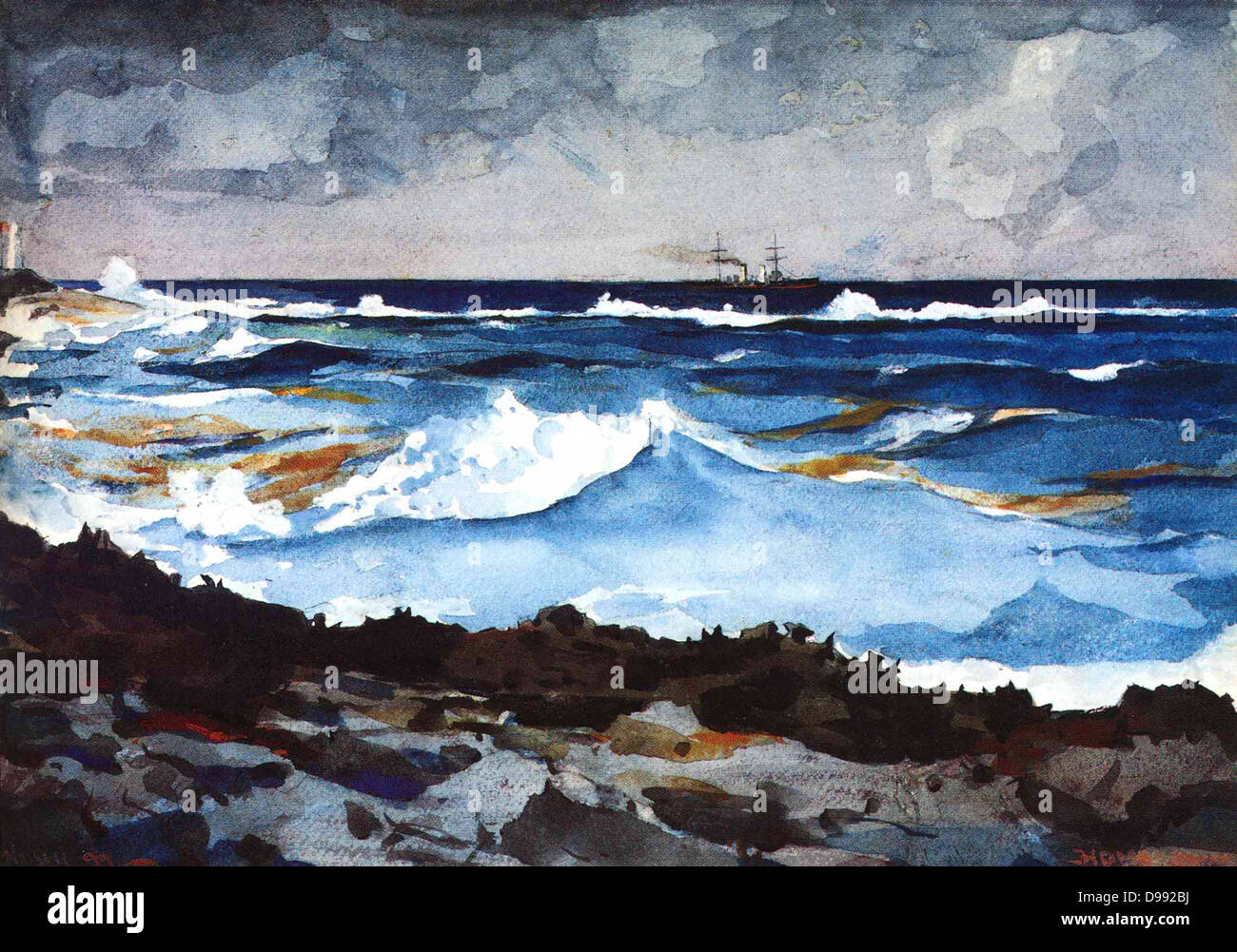 Shore and Surf, Nassau'. Watercolour. Winslow Homer (1836–1910) American landscape and marine painter and printmaker. Seascape Waves Surf Horizon Steamship Stock Photo
