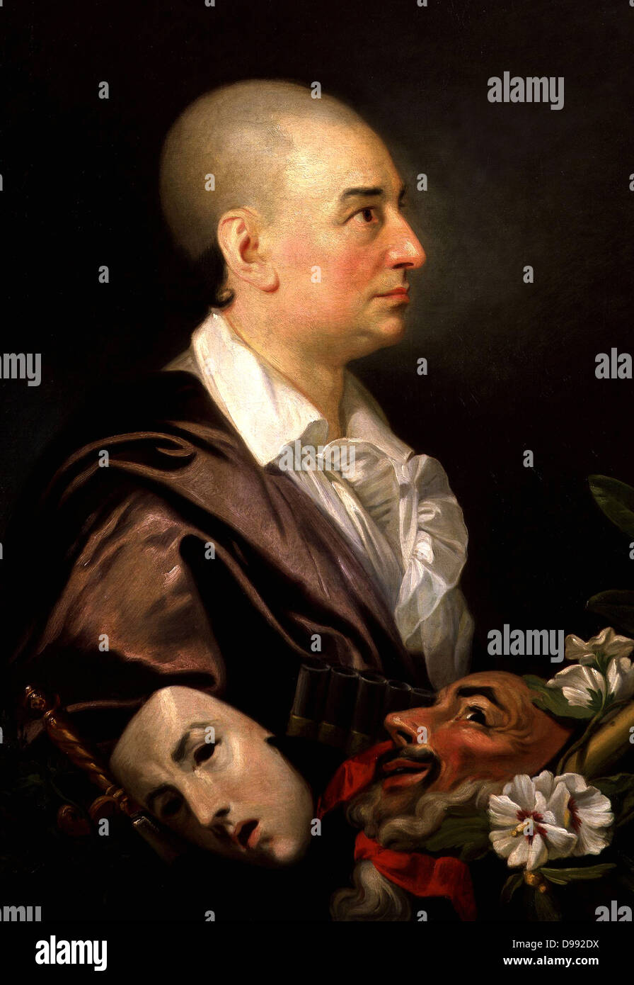 David Garrick' (1717-1779) English actor, theatre manager and playwright. Profile portrait of Garrick bareheaded, with maks of comedy and tragedy. Johann Zoffany or Zauffelij (1733–1810) German painter, active mainly in England. Stock Photo