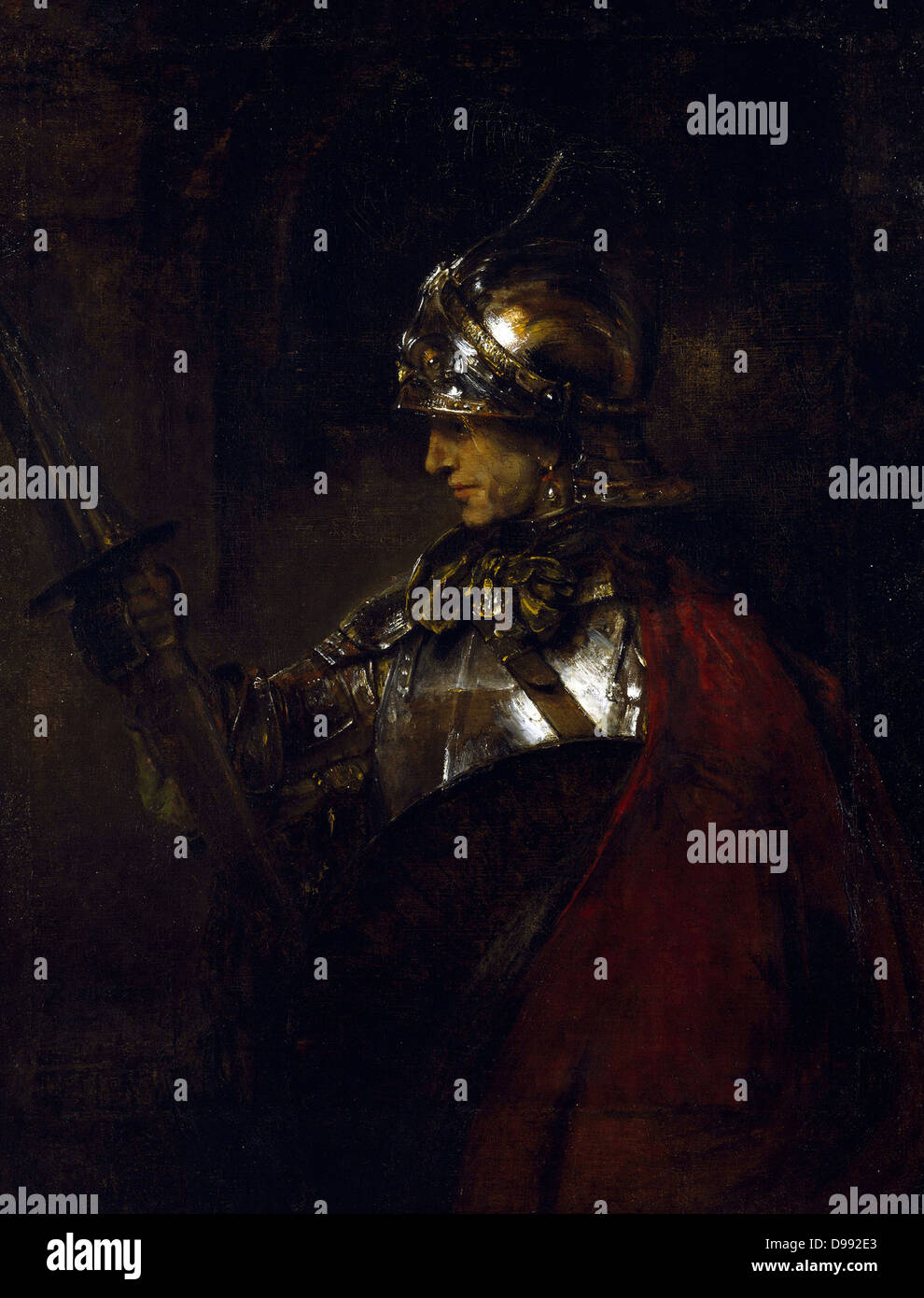 A Man in Armour', 1655. Oil on canvas. Rembrandt van Rijn (1606– 1669 ) Dutch painter and etcher. Helmet Cuirass Lance Shield Cloak Red Profile Stock Photo