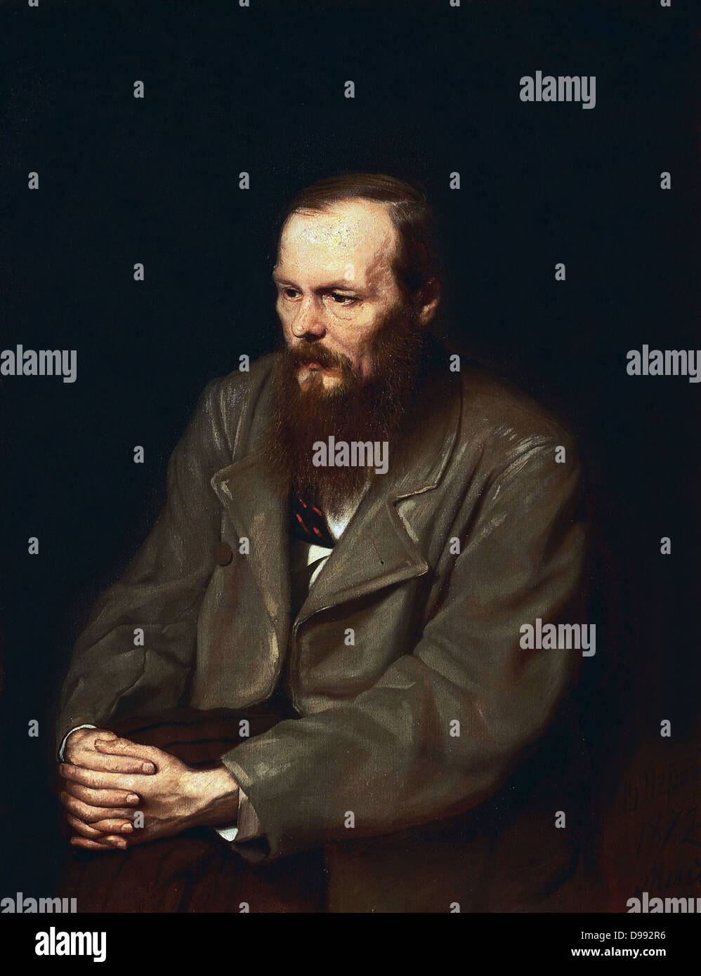 Fyodor Dostoevsky (1821-1881), 1872, Russian novelist and essayist. Oil on canvas. Vasili Perov (1833-1882) Russian painter. Three-quarter length portrait, seated, with hands clasped round knees. Literature Fiction Suspense Stock Photo