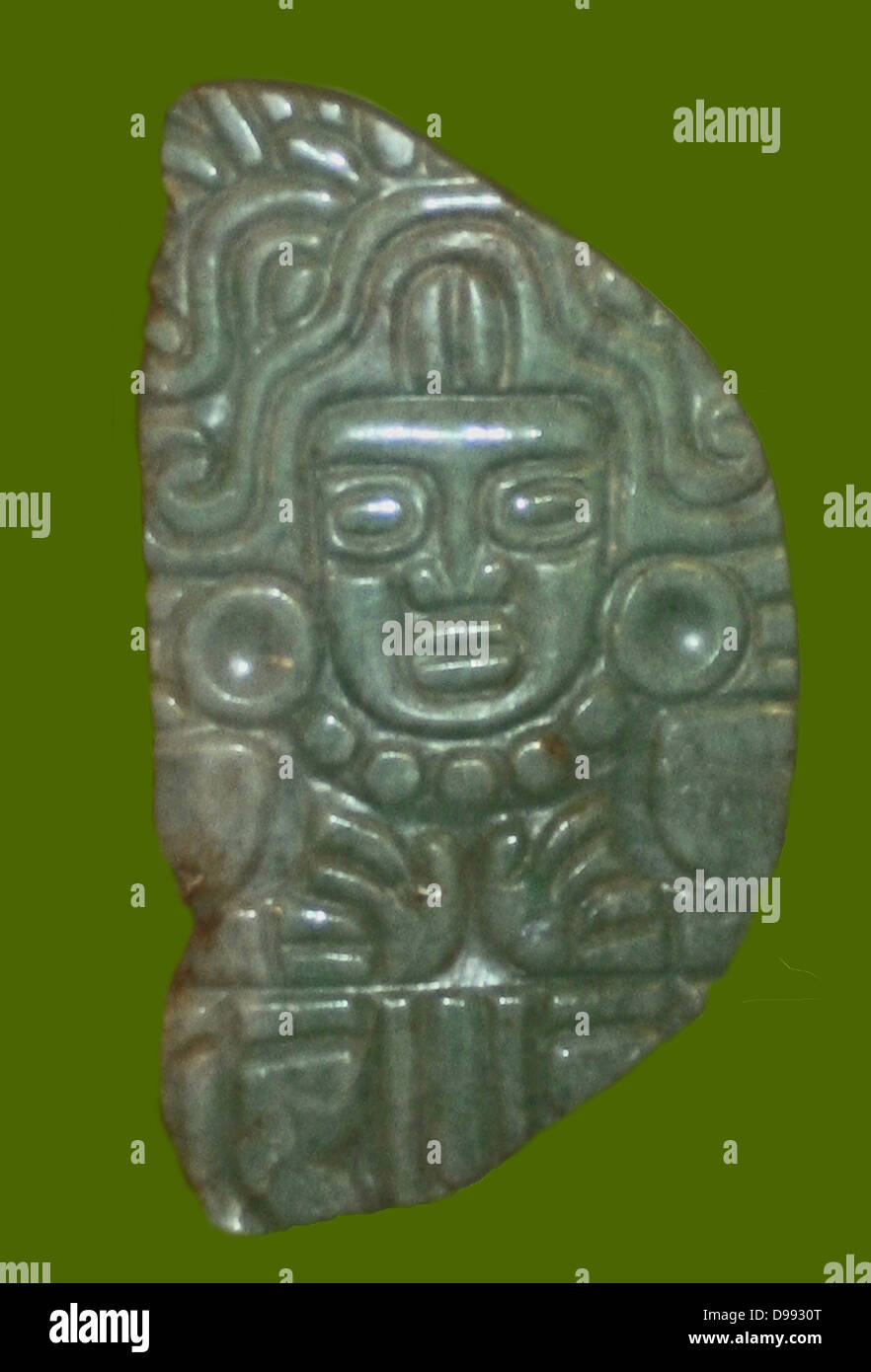Mayan Jade object (Pectoral) depicting a god c200-900 AD, Mexico. Mesoamerican Pre-Columbian Artefact Stock Photo