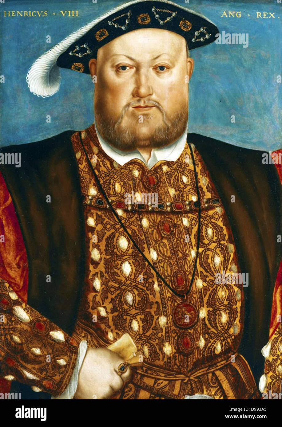Portrait of Henry VIII. By Hans Holbein Date c. 1540. Henry VIII (28 June 1491 – 28 January 1547) was King of England from 21 April 1509 until his death. He was also Lord of Ireland (later King of Ireland) and claimant to the Kingdom of France. Henry was t Stock Photo