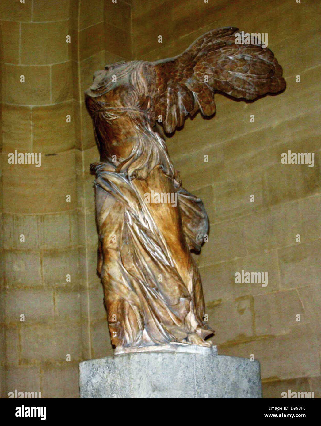 The Winged Victory of Samothrace, also called the Nike of Samothrace is a second century B.C. marble sculpture of the Greek goddess Nike (Victory). Since 1884, it has been prominently displayed at the Louvre and is one of the most celebrated sculptures in Stock Photo