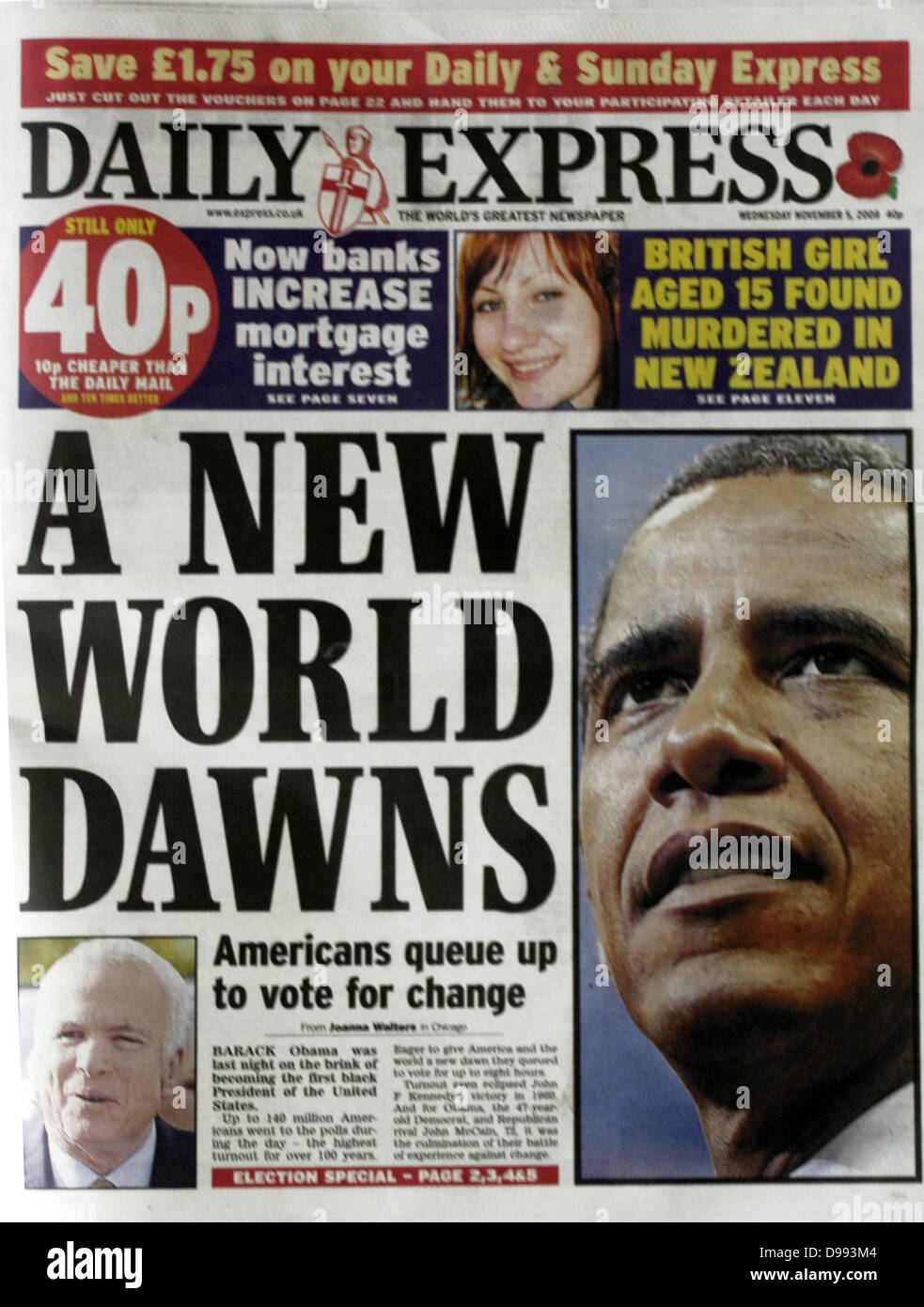 Front page of the 'Independent' newspaper 6th November 2008. Lead story is the election of Barak Obama as United States President. Stock Photo