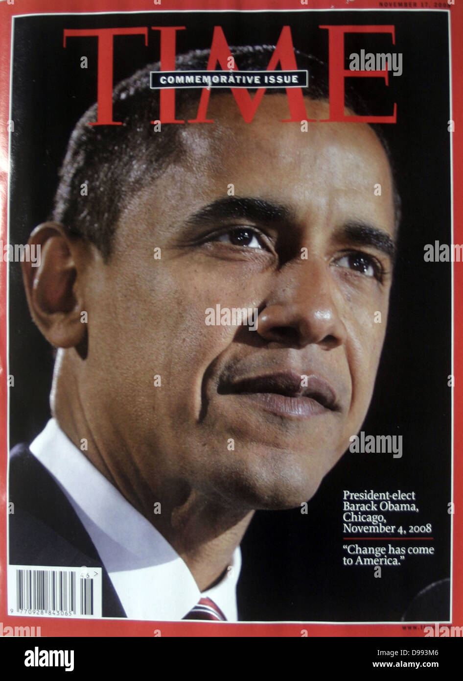 Front page of the 'Time Magazine' newspaper 4th November 2008. Lead story is the election of Barak Obama as United States President. Stock Photo
