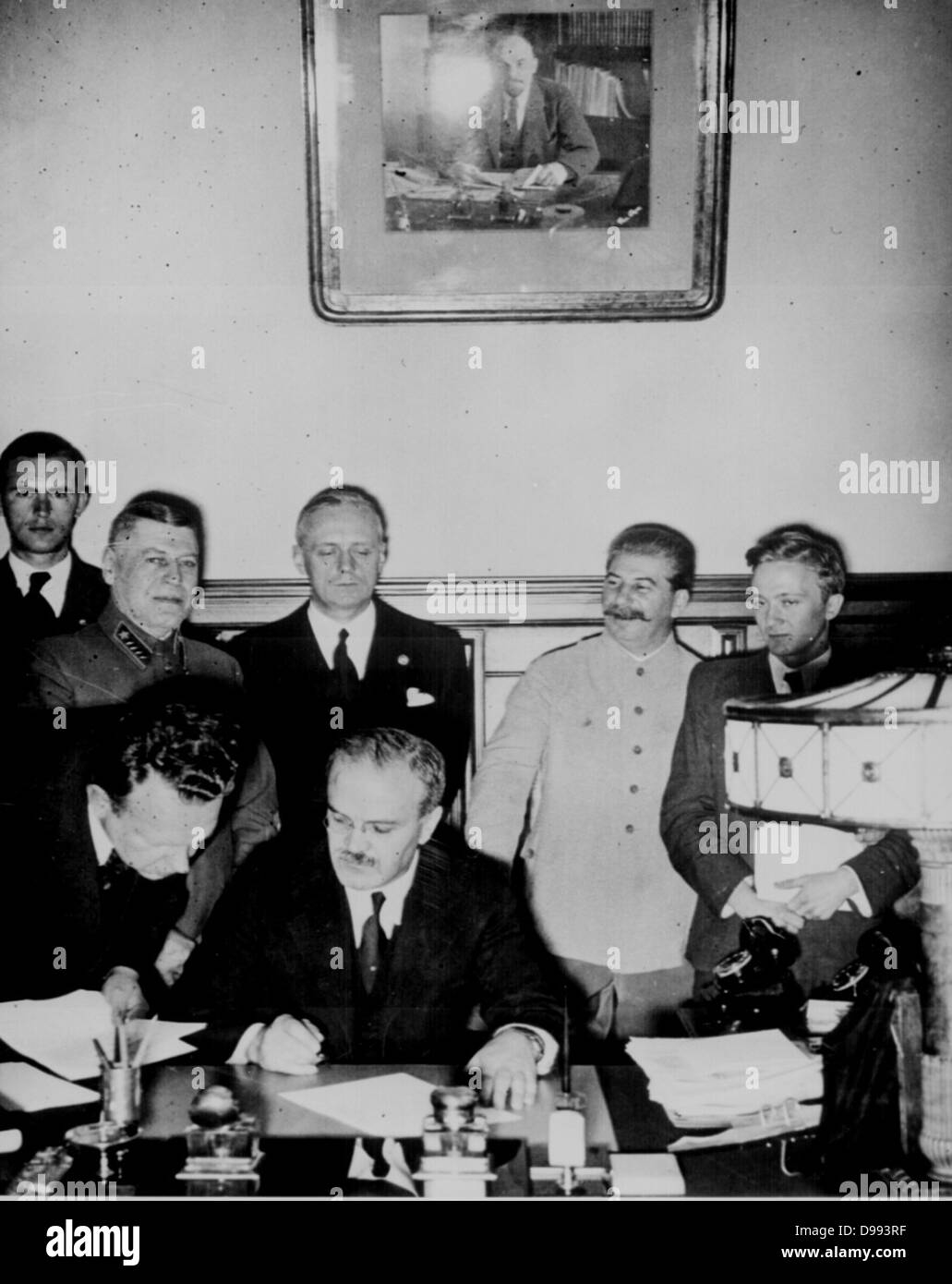 The Molotov–Ribbentrop Pact, named after the Soviet foreign minister Molotov and the German foreign minister von Ribbentrop, was an agreement known as the Treaty of Non-Aggression between Germany and the Soviet Union[, signed in Moscow 23 August 1939. Stock Photo