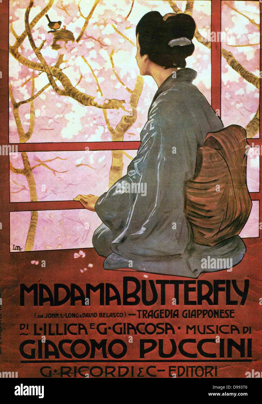 Giacomo Puccini (1858 –1924) Italian composer of operas. Poster for Madama Butterfly (Madame Butterfly) an opera in three acts, with an Italian libretto by Luigi Illica and Giuseppe Giacosa. Stock Photo