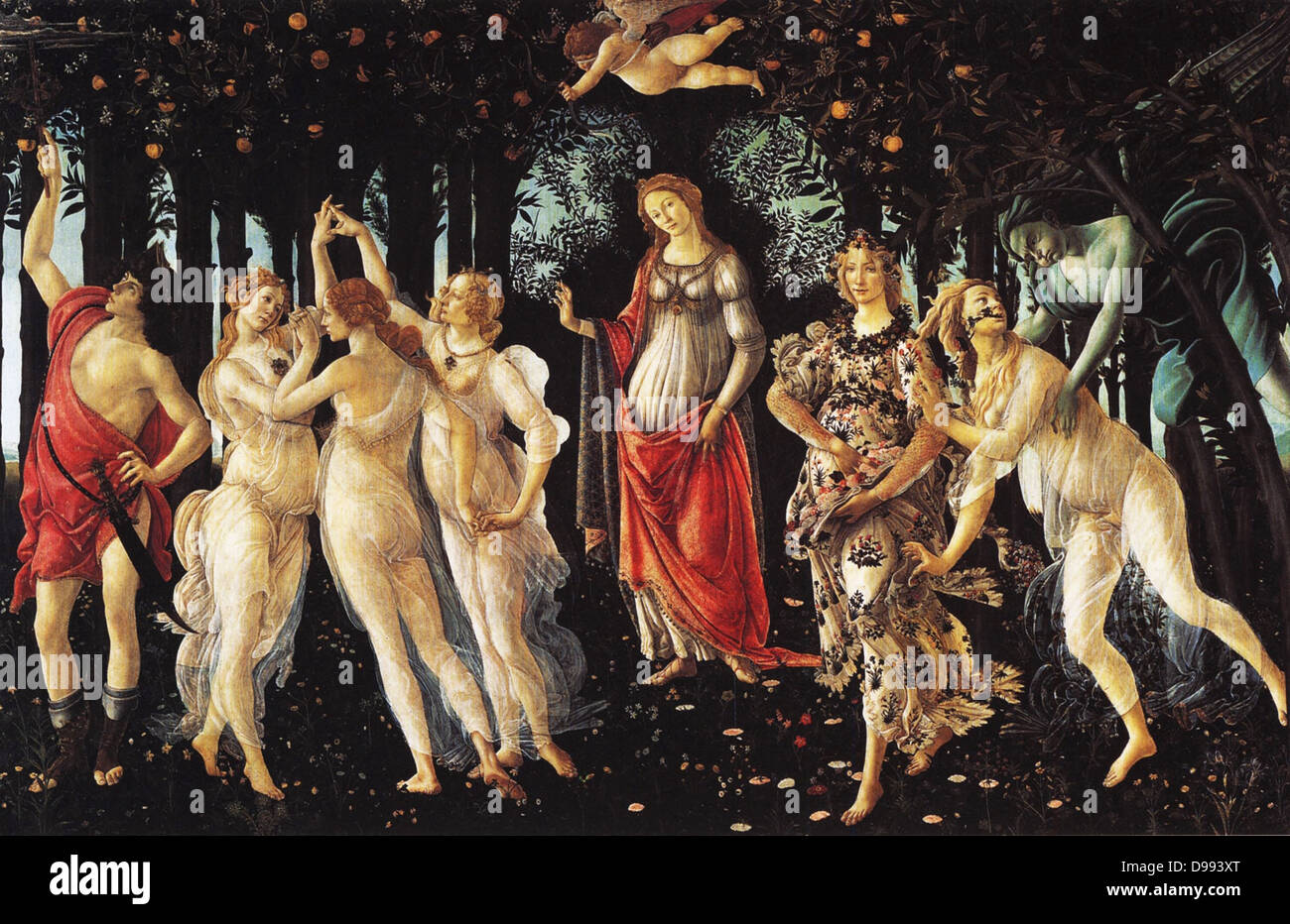 La Primavera', c. 1482; painting by the Italian Renaissance painter Sandro Botticelli c. 1445 - 1510. Venus is standing in the center of the picture. Above her, Cupid is aiming one of his arrows of love at the Charites (Three Graces). The Grace on the rig Stock Photo