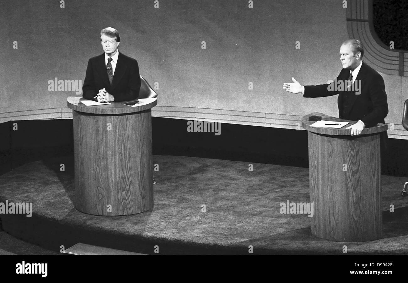 James 'Jimmy' Carter and Gerald Ford taking part in the first televised debate between candidates for the post of President of the United States during the 1976 election. Carter became 39th President. American Democrat Politician Stock Photo