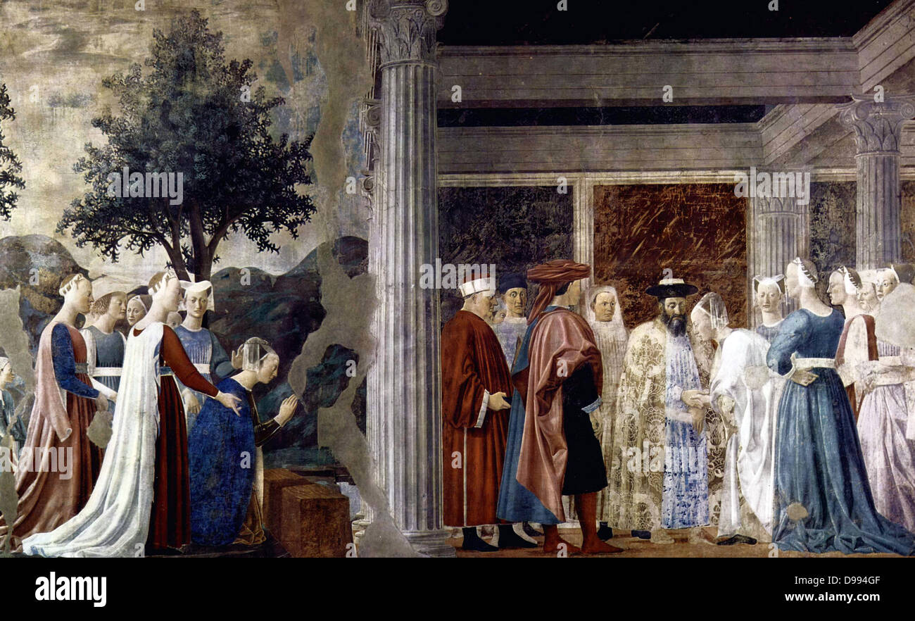Piero Della Francesca (Sansepolcro, 1416-1417 -1492) . Adoration of the Holy Wood and the Meeting of Solomon and the Queen of Sheba c. 1452 Fresco, at San Francesco, Arezzo. ca. 1452 Stock Photo