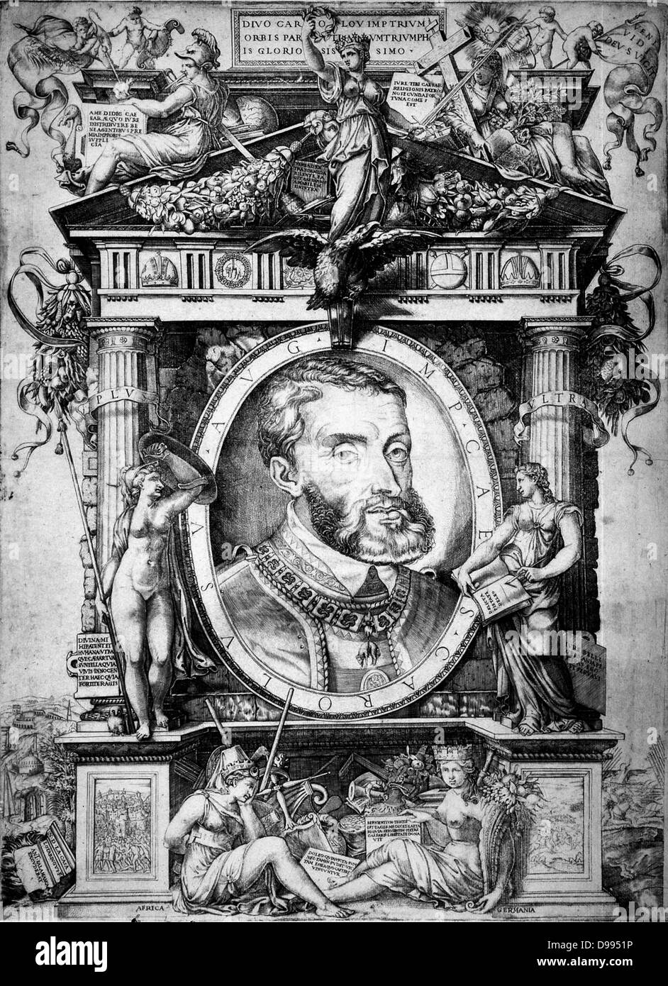 Charles V (1500-1558) Charles I of Spain 1519-1556, Holy Roman Empire 1519-1558. Portrait engraving showing his prominent lower 'Hapsburg' deformed jaw which made chewing his food difficult. Stock Photo