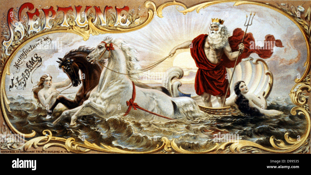 Packaging label for Neptune brand tobacco produced by J L Adams. Neptune holding a trident, standing in his shell boat drawn by sea horses and attended by water nymphs. American c1866. Stock Photo