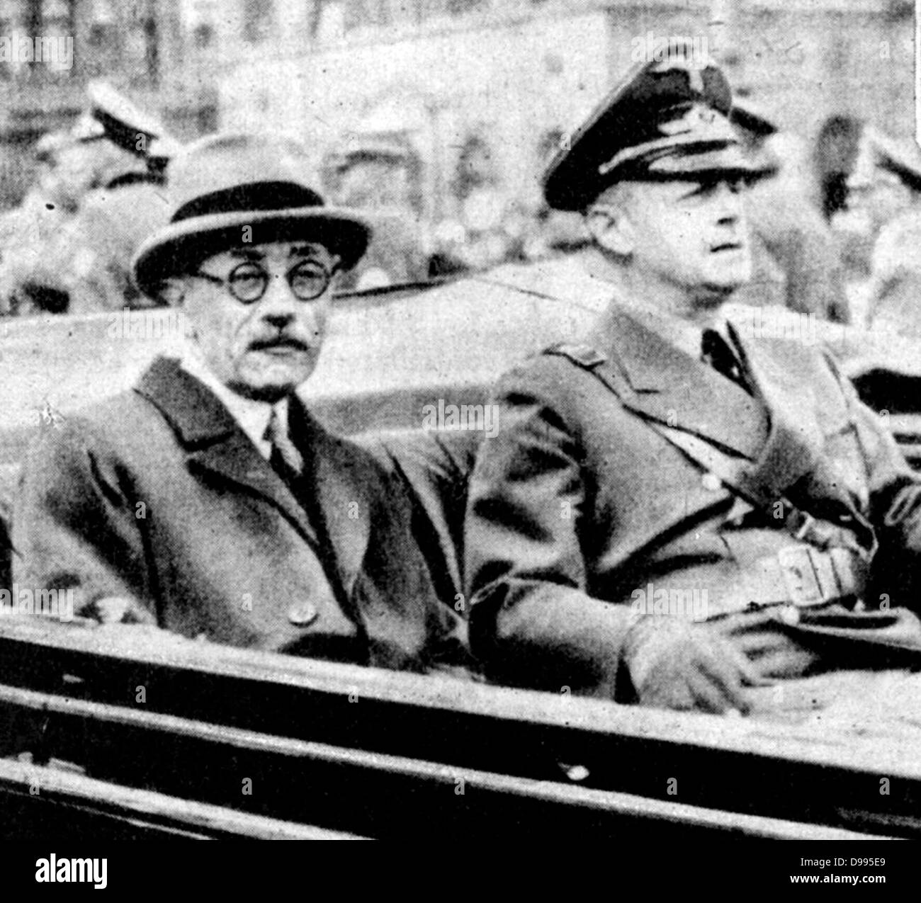 Count Paul Teleki (1879-1941) Prime Minister of Hungary, driving through Munich with Joachim von Ribbentrop, German Foreign Minister, when visiting Germany to discuss Hungary's claims to Transylvania. Stock Photo