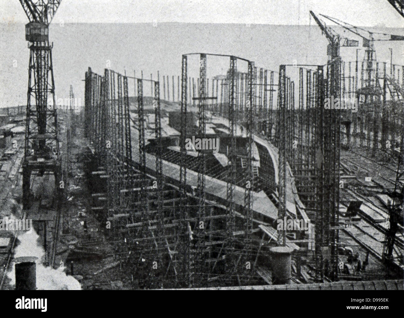 French navy dreadnought-type first-class battleship 'Normandie' under construction in the AC de la Loire shipyard, St Nazaire. Launched October 1914, scrapped 1924-1925. Stock Photo