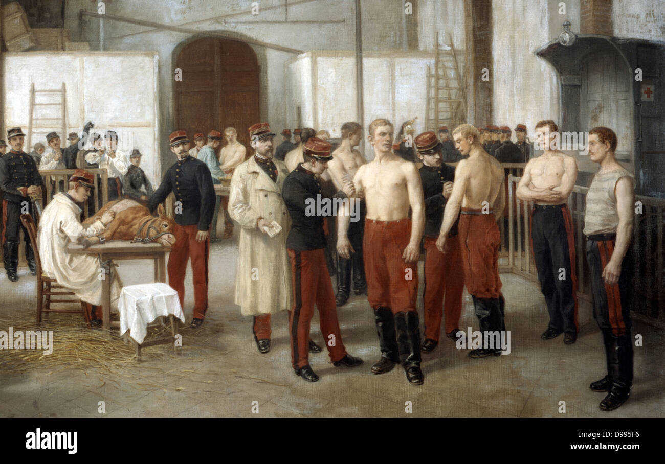 Vaccination: c1895. Alfred Touchemolin (1829-1907) French painter. French army recruits being vaccinated with Cowpox to protect them from the more virulent infection, Smallpox. Infection being transferred from the heffer lying on the table. ( Detail) Stock Photo