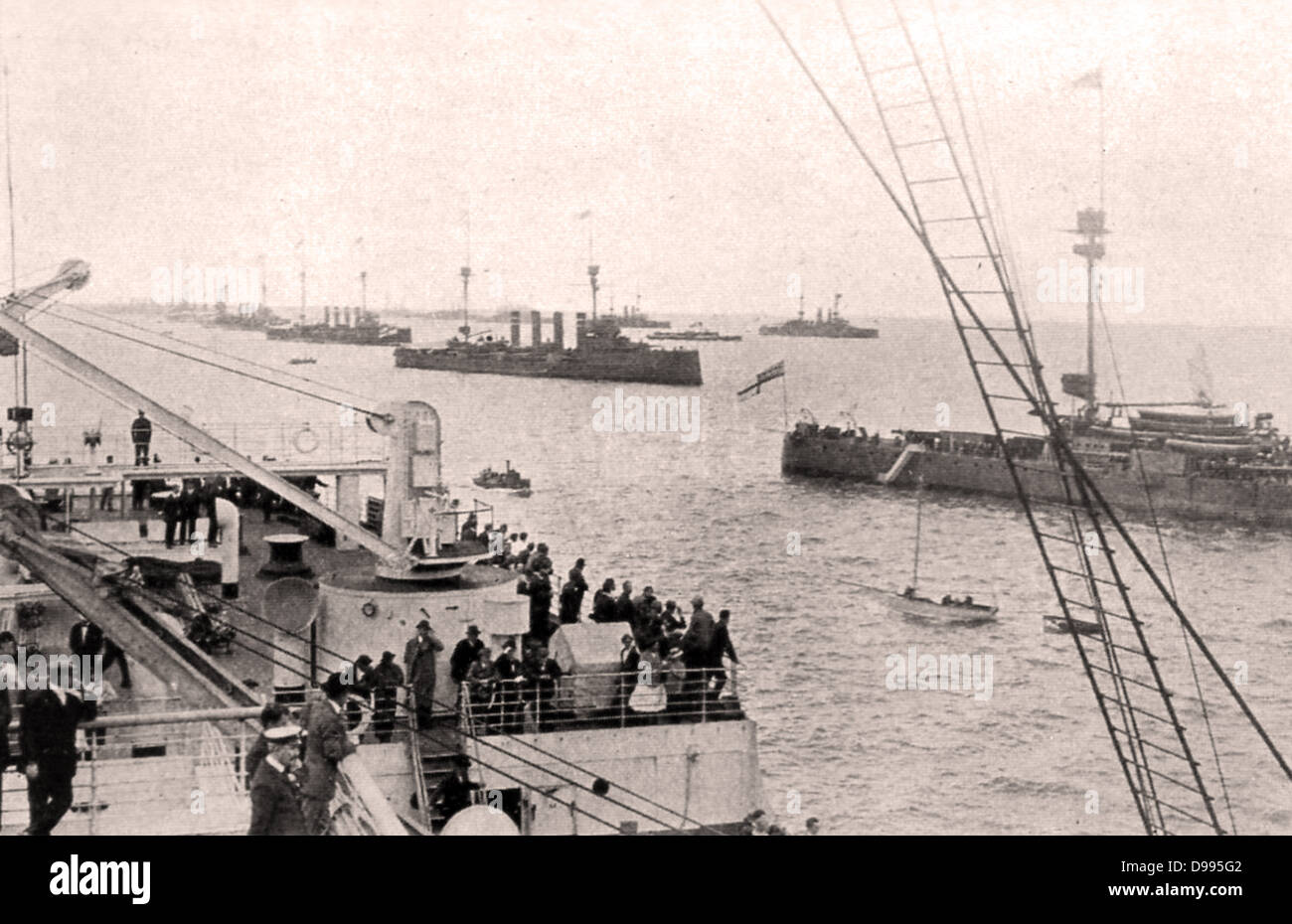 The British fleet off Portsmouth. Portsmouth Is the oldest Royal Navy base and the location of the Royal Naval Dockyard where HMS 'Dreadnought' was built in 1906. Stock Photo