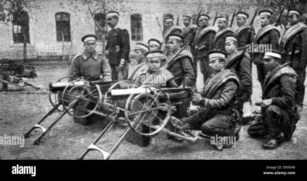 Bulgarian Army field artillery unit with guns unlimbered and ready for actioin, c1914. Stock Photo