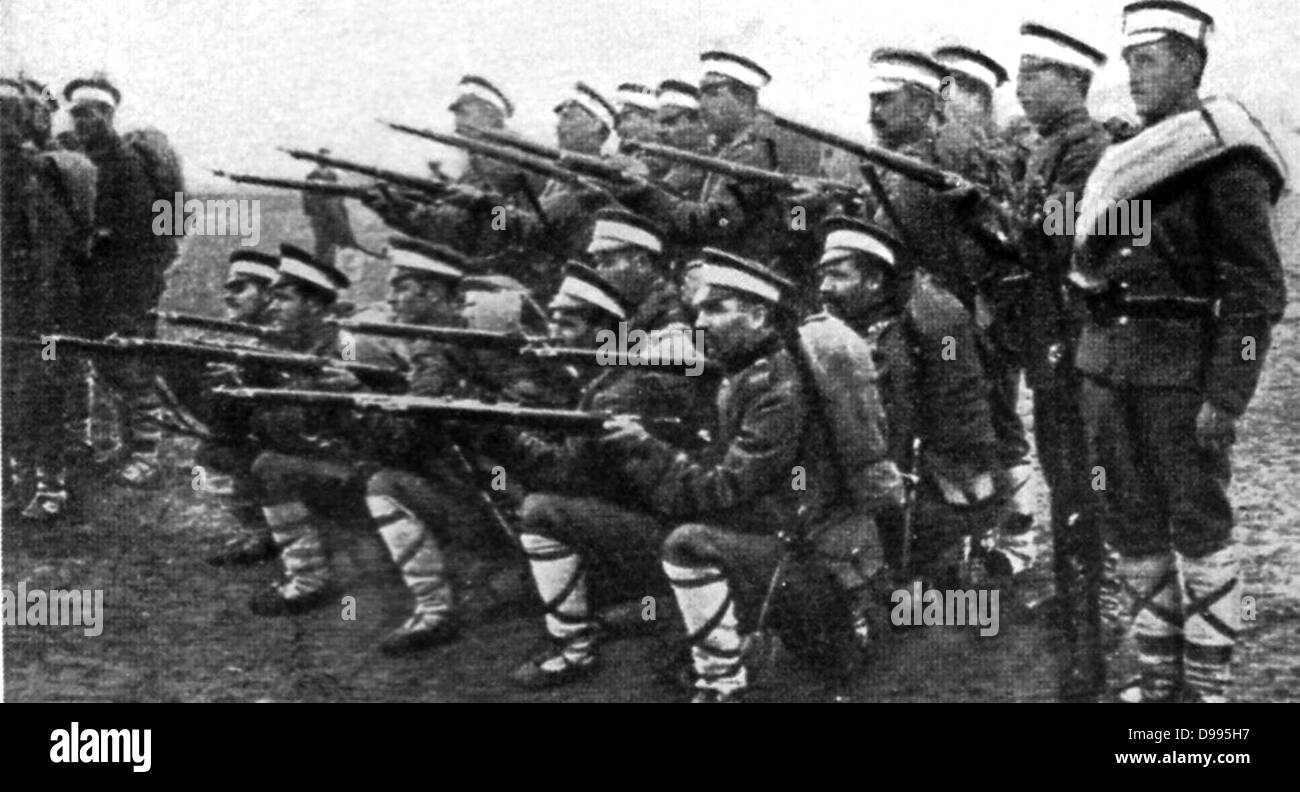Bulgarian Army:  Infantry practising gun drill, c1914. Stock Photo