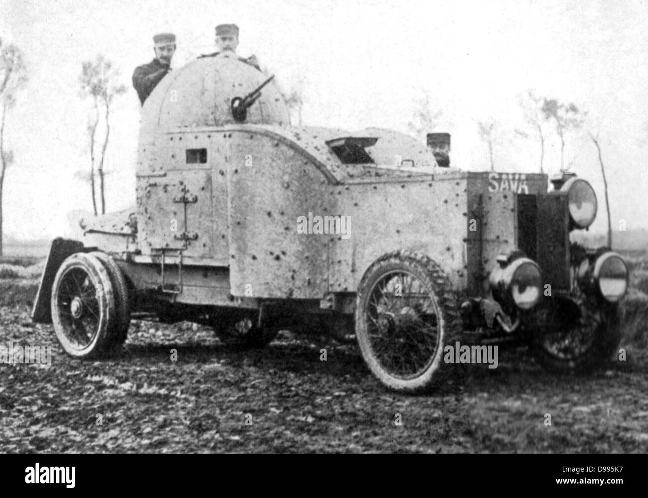 Belgian armoured personnel carrier fitted with a gun turret on the roof, c1914.  The armour has been constructed round a production car. Stock Photo