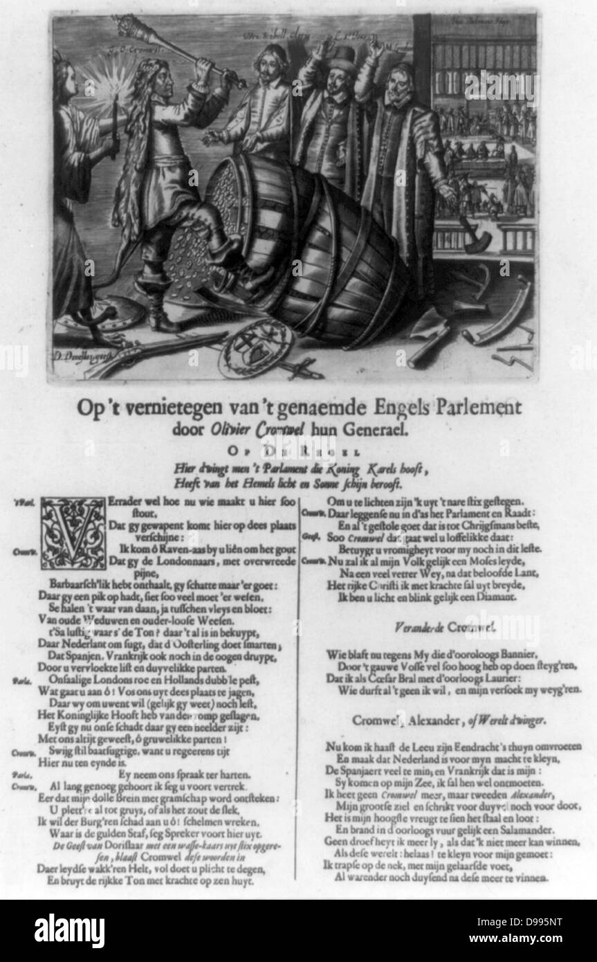 Dutch cartoon protesting Oliver Cromwell's reign by showing him as Hercules clad in a lionskin shattering the royal money barrel, symbolically ending the rule of the Long Parliament.  broadside : engraving with letterpress text.  [ca. 1653] By an unknown Dutch artist. Stock Photo