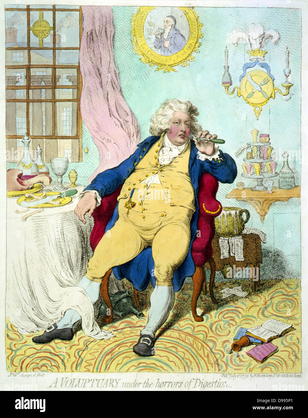 A voluptuary under the horrors of digestion:  Caricature of George IV as the Prince of Wales, languid with repletion, leaning back in an arm-chair, at a table covered with remains of a meal, holding a fork to his mouth. 1800's Stock Photo