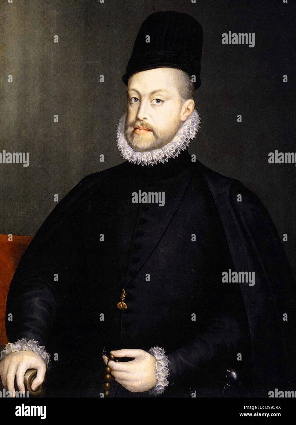 Philip II (May 21, 1527 – September 13, 1598)  King of Spain from 1556 until 1598, King of Naples from 1554 until 1598, king consort of England (as husband of Mary I) from 1554 to 1558, King of Portugal and the Algarves (as Philip I) from 1580 until 1598 and King of Chile from 1554 until 1556. Painted by Alonso Sánchez Coello (1527-1625) and is located in Prado, Madrid. Stock Photo
