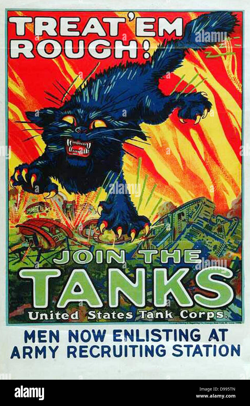 Treat ’em Rough! Join the Tanks     World War I propaganda poster by Angiet Hutaf  1918 Stock Photo