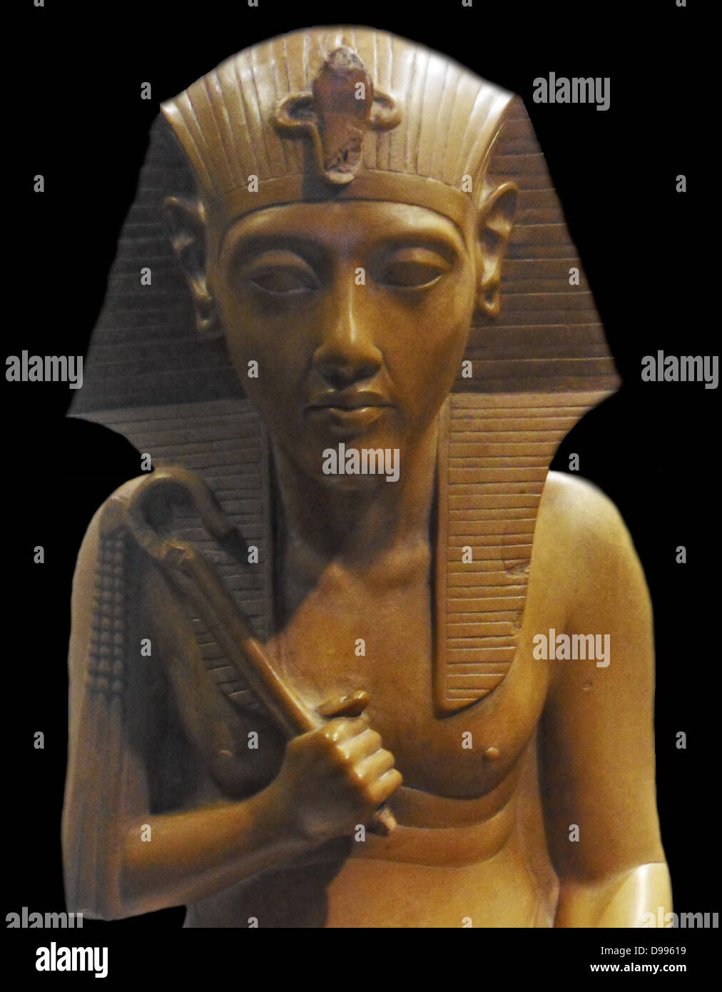 Fragment of a royal group of The Amarna Period;The latter half of the Eighteenth Dynasty  was marked by the reign of Amenhotep IV, who changed his name to Akhenaten (1353–1336 BC) in order to reflect the dramatic change of Egypt's polytheistic religion into one where a sun-god Aten was solely worshipped Stock Photo