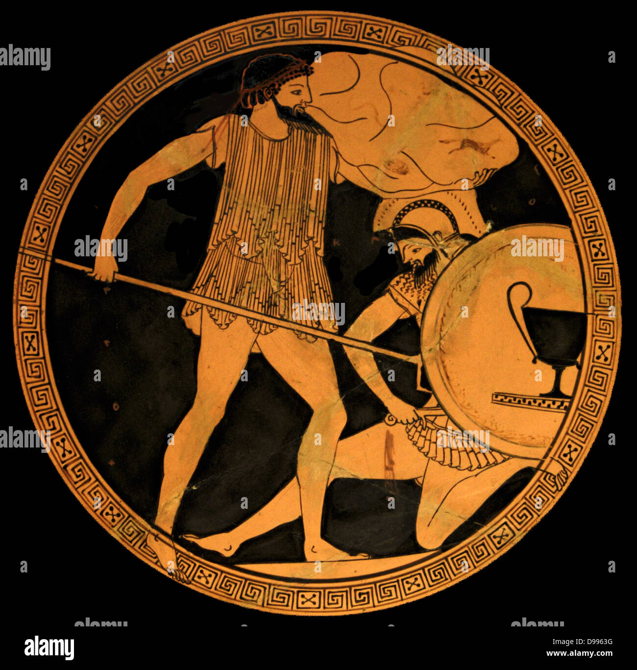 Poseidon fighting Polybotes. Tondo of an Attic red-figure kylix, ca. 475-470 BC. Found in Vulci, Etruria. Stock Photo