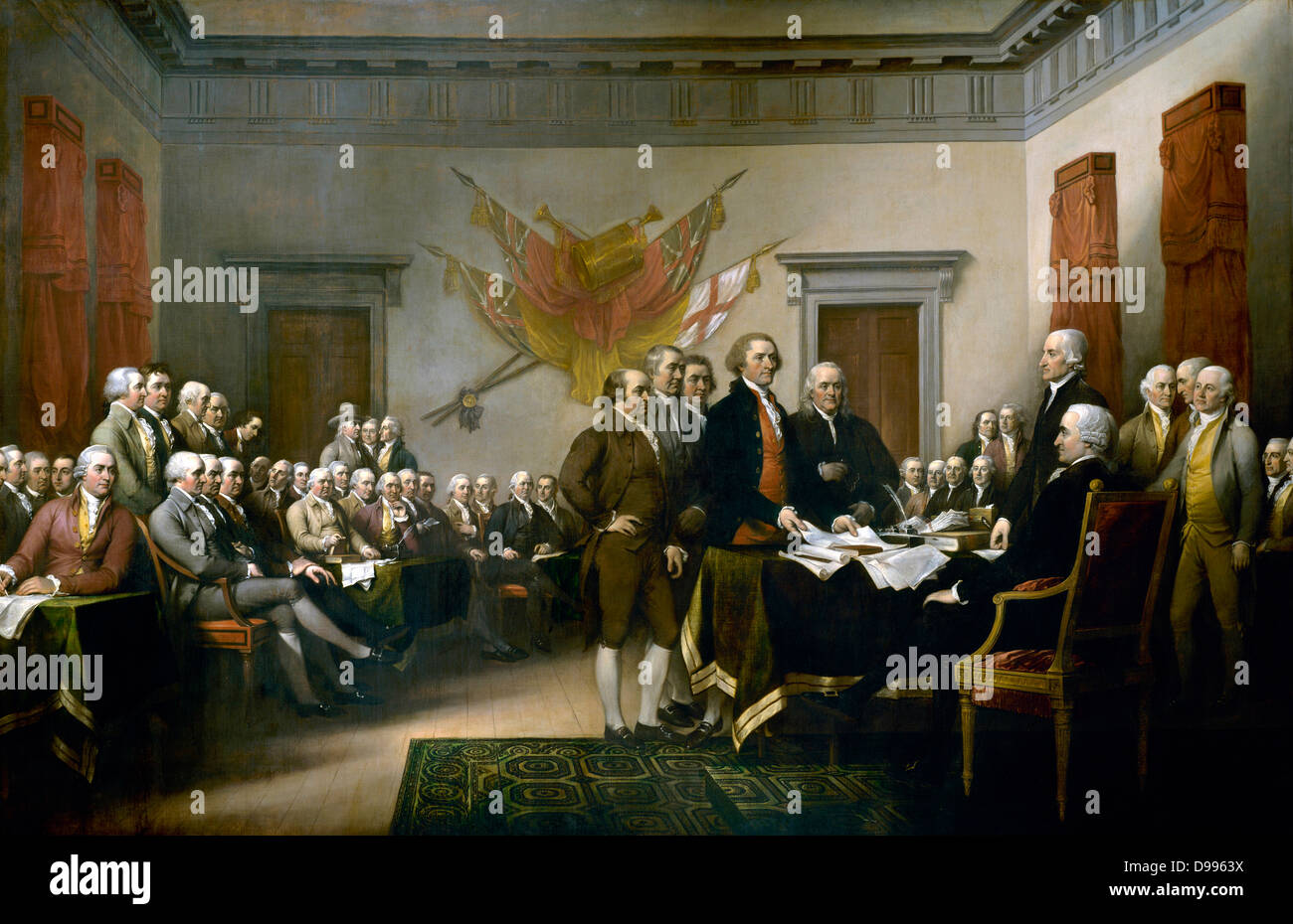 John Trumbull's painting, Declaration of Independence, depicting the five-man drafting committee of the Declaration of Independence presenting their work to the Congress. The painting can be found on the back of the U.S. $2 bill. The original hangs in the US Capitol rotunda. Stock Photo