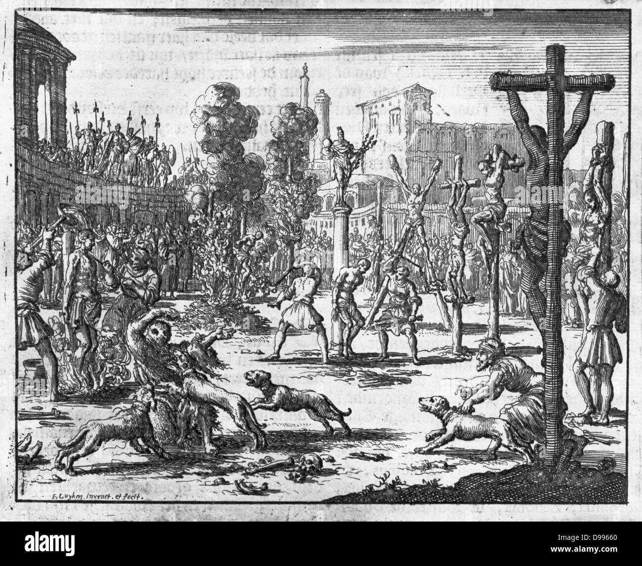 Persecution by emperors Diocletian and Maximus, AD 301 (Eeghen 686)   Jan Luiken (1649-1712) etching in the Martyrs Mirror Stock Photo