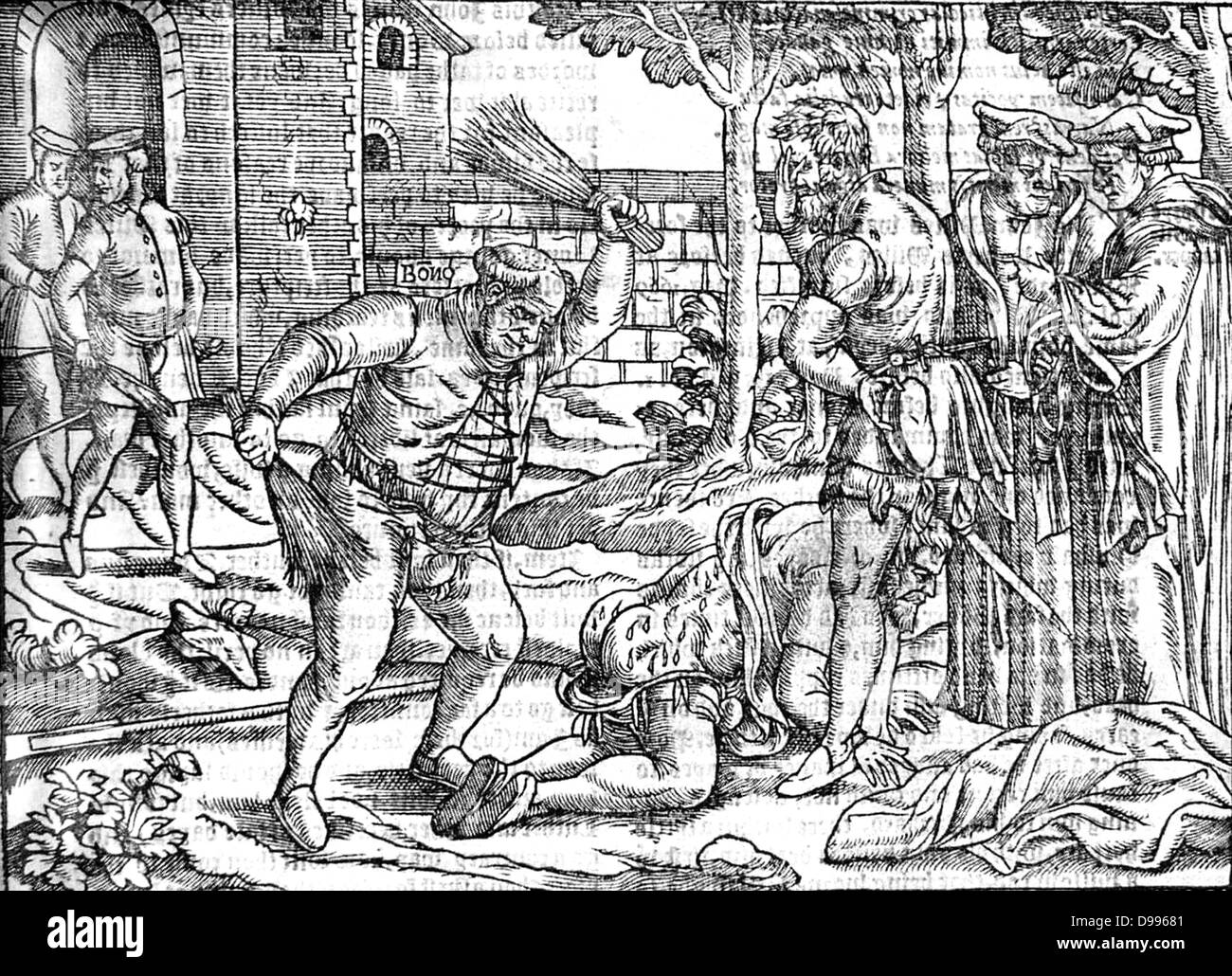 Wood cut of Bonner punishing a heretic from John Foxe’s book of Martyrs Stock Photo
