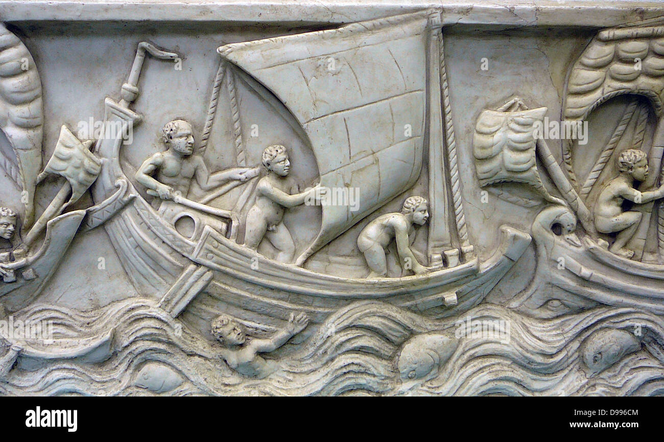 Roman ship with spritsail on the Copenhagen Sarcophagus from the late 3rd century AD. Stock Photo